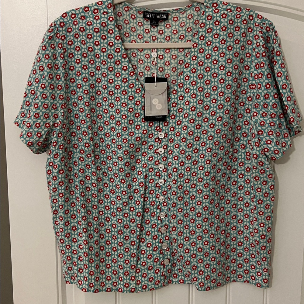 Women’s ModCloth MintBlue with Red &  White Patterned Flowers Button Down Shirt